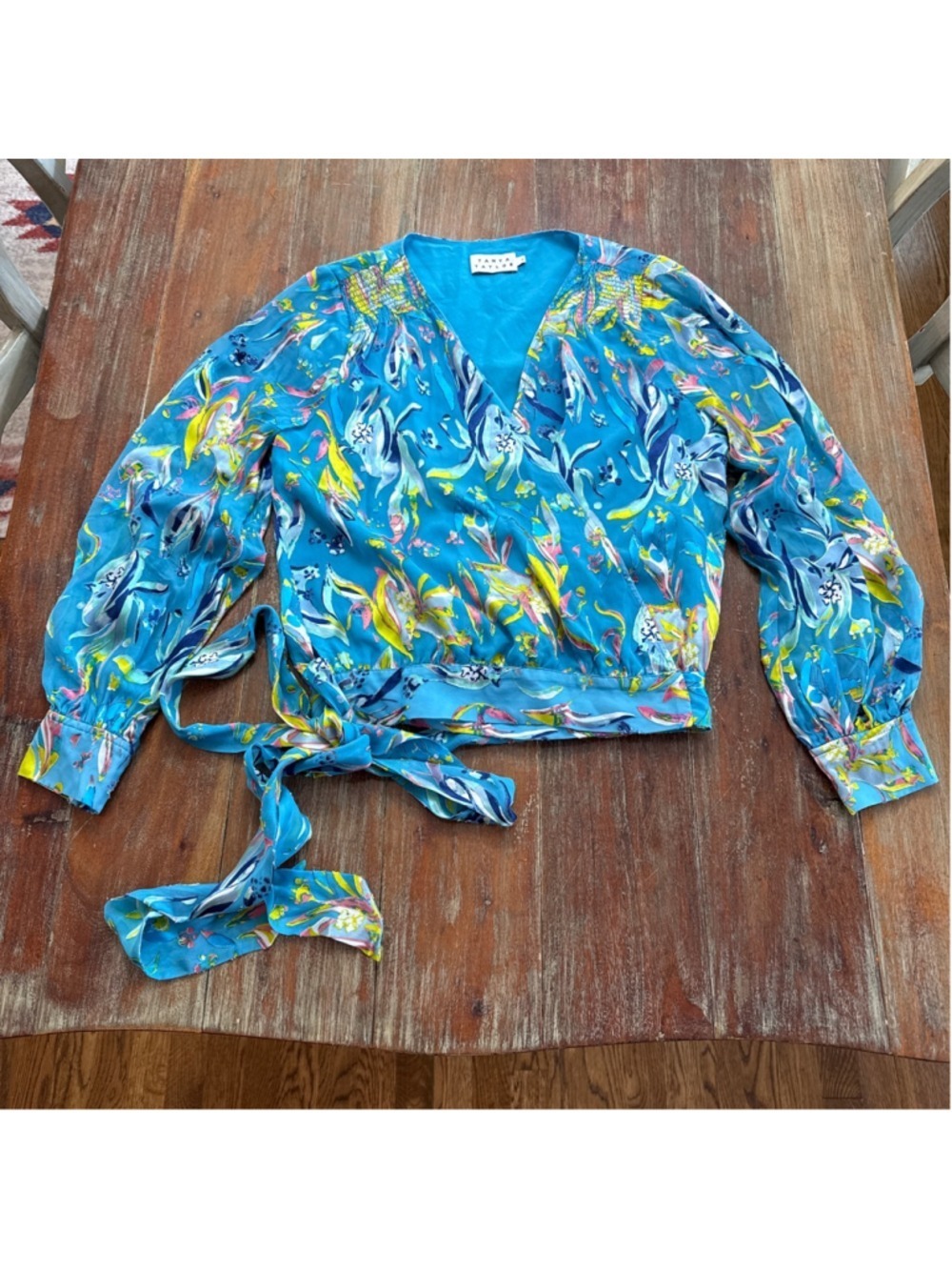 Tanya Taylor Klara Silk Blend Floral Wrap Blouse Blue Size 2